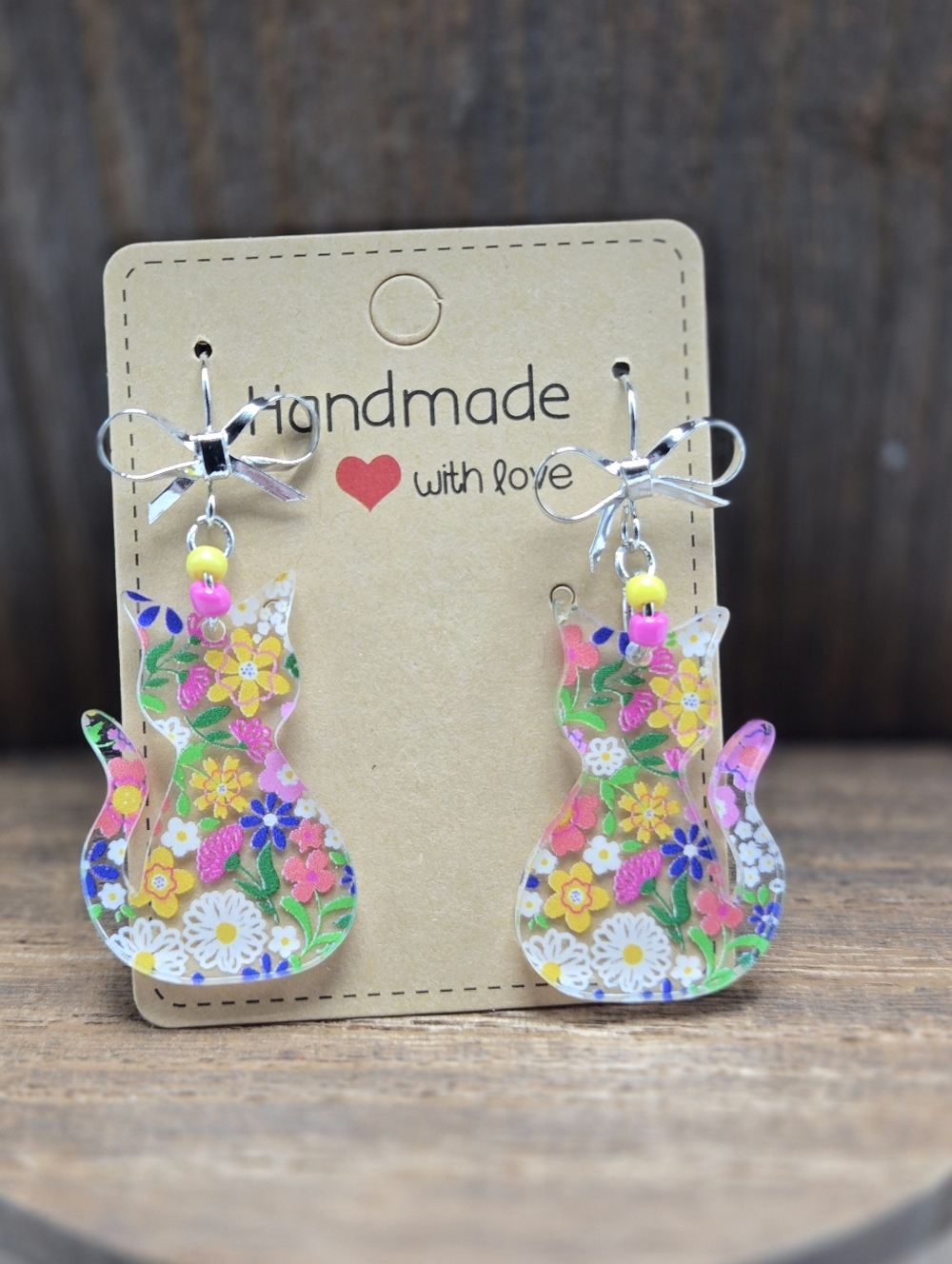 NWT Bow Floral Cat Earrings Pierced Acrylic Glass Beads Figural Dangle Drop OOAK